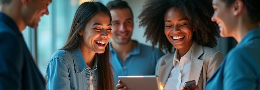Equipo empresarial emocionado usando dispositivos inteligentes